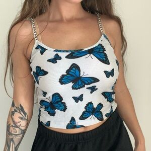 Blue and White Butterfly Print Top